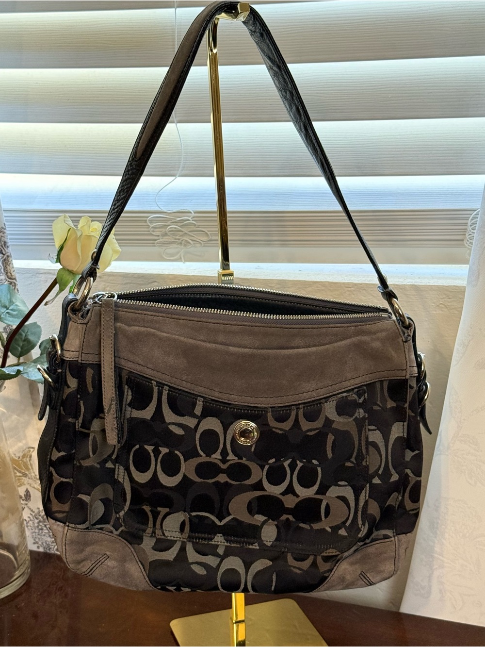 Coach 7036 Gray Black Op Art Signature Jacquard Suede Trim Hobo Shoulder Bag